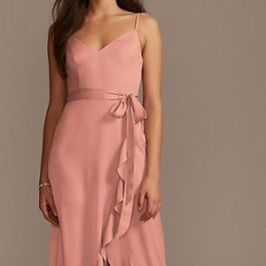 David's Bridal Spaghetti Strap Crepe Ruffle Tall Bridesmaid Dress